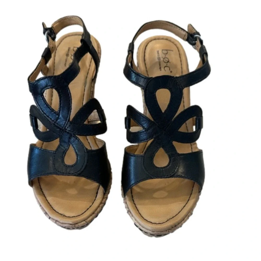 b.ø.c Born Concept Cork Platform Wedge Sandals Black Leather Buckle Women Sz 8